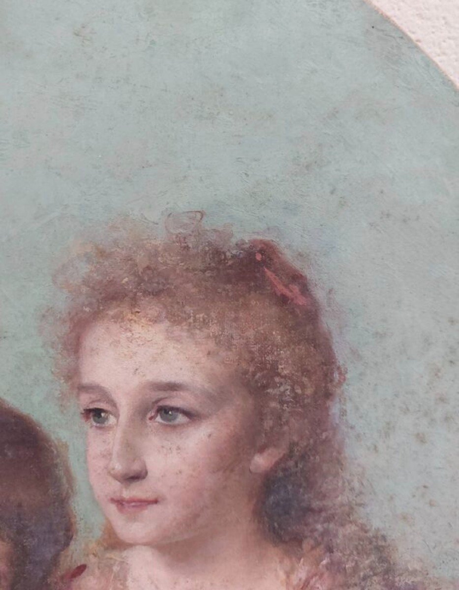 Tableau Portrait Aux Jeunes Filles Huile Sur Toile 19éme -photo-4