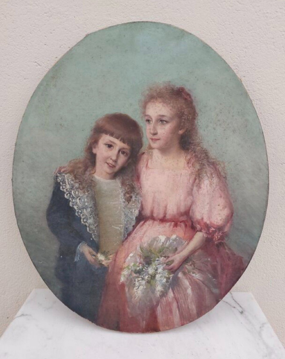 Tableau Portrait Aux Jeunes Filles Huile Sur Toile 19éme 