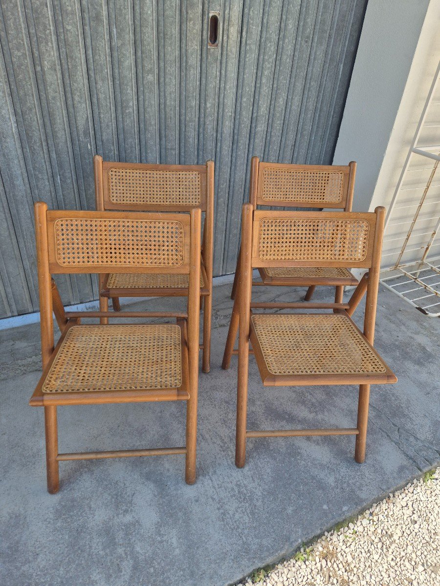 Magnificent Series Of 4 Vintage Folding Chairs Italian Design, In Beech And Original Cane.-photo-3