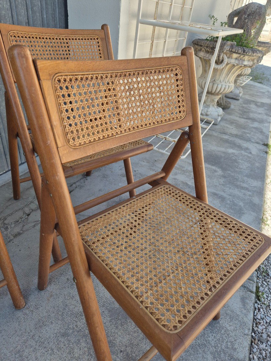 Magnificent Series Of 4 Vintage Folding Chairs Italian Design, In Beech And Original Cane.-photo-5
