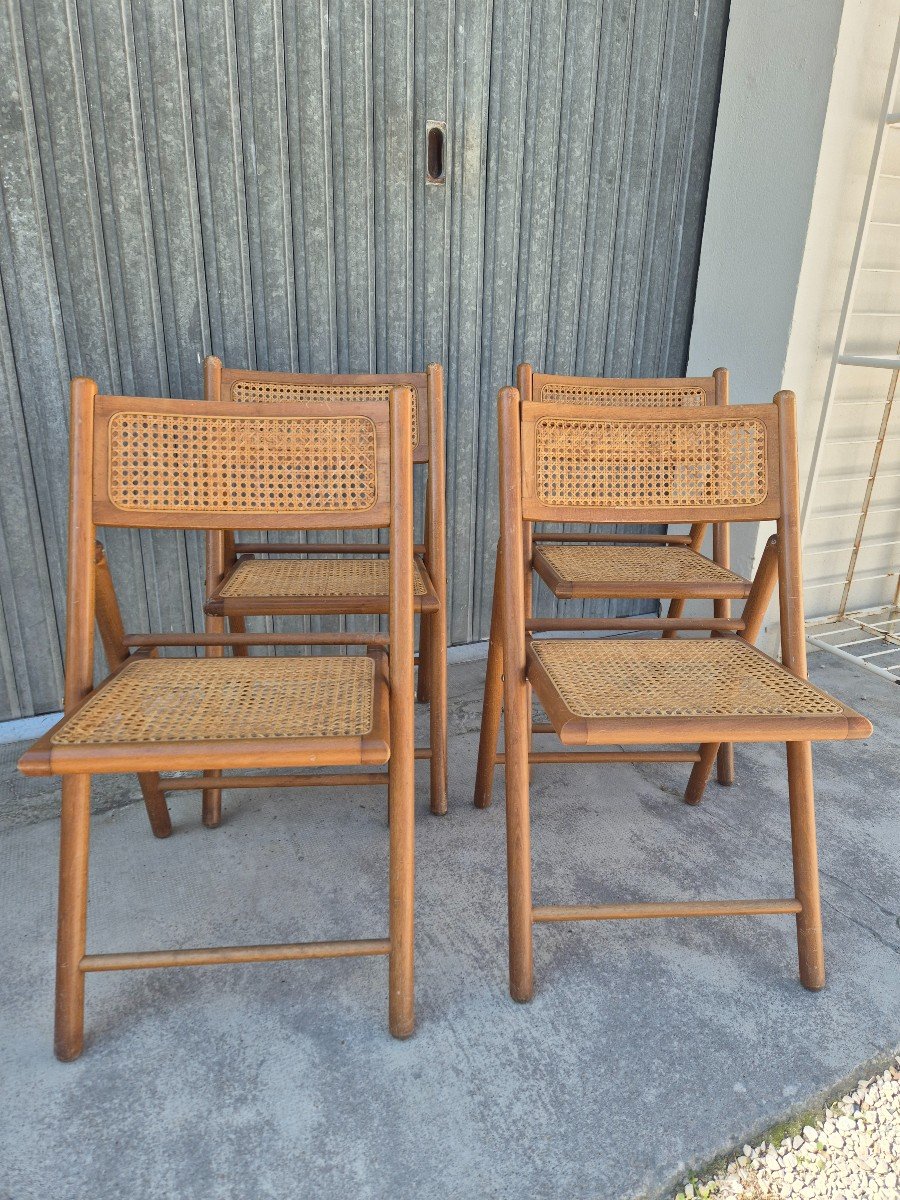 Magnificent Series Of 4 Vintage Folding Chairs Italian Design, In Beech And Original Cane.