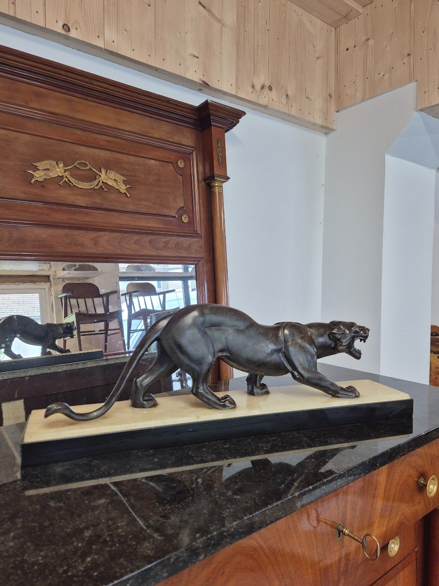  Panther Sculpture In Spelter Signed Rochard 1930s Art Deco Period Marble Base -photo-2