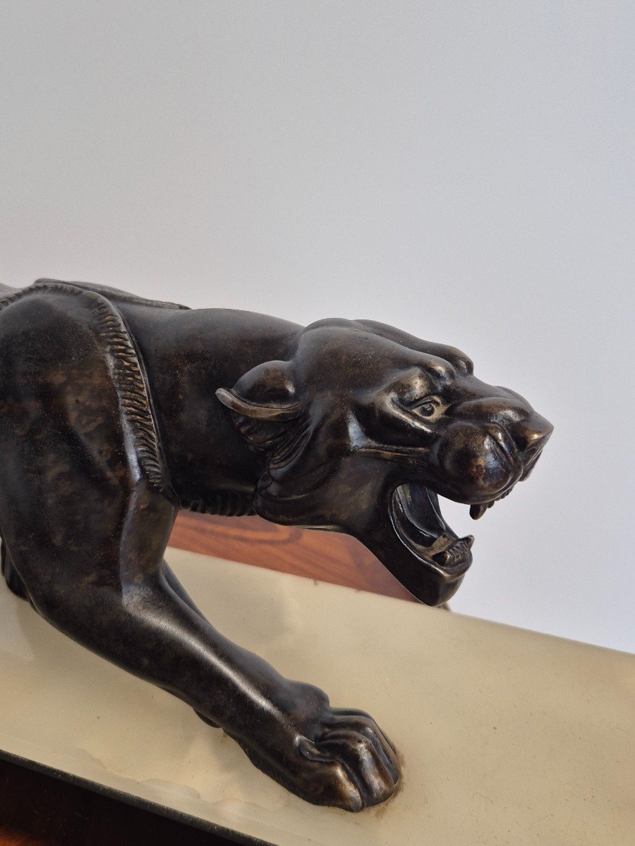  Panther Sculpture In Spelter Signed Rochard 1930s Art Deco Period Marble Base -photo-6