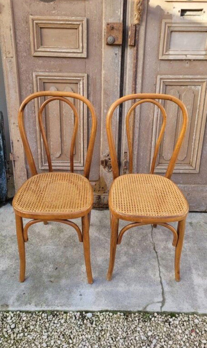 Pair Of Thonet Style Bistro Chairs In Cane And Bentwood