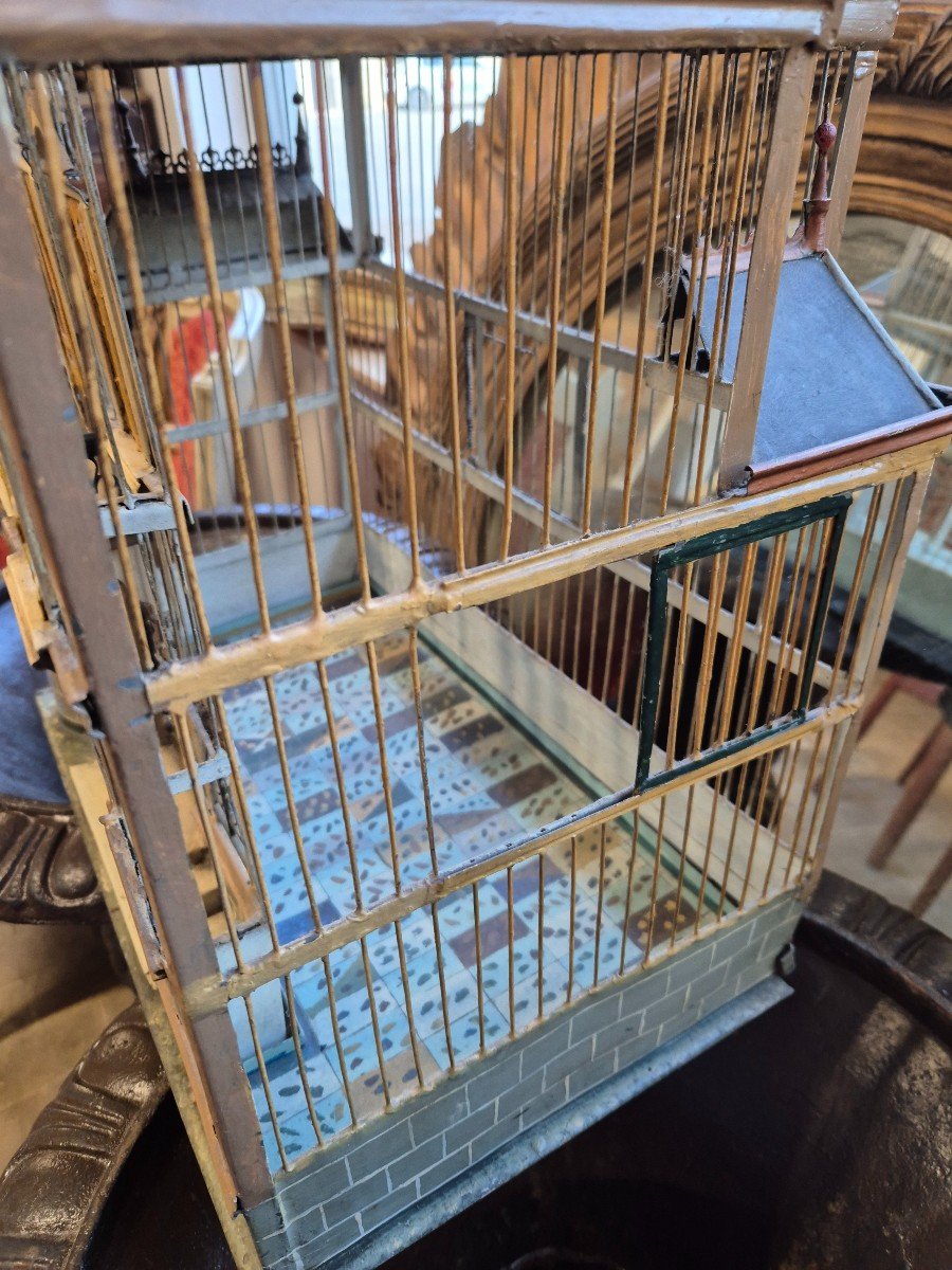 Antique Zinc Bourgeois Castle House Bird Cage -photo-2
