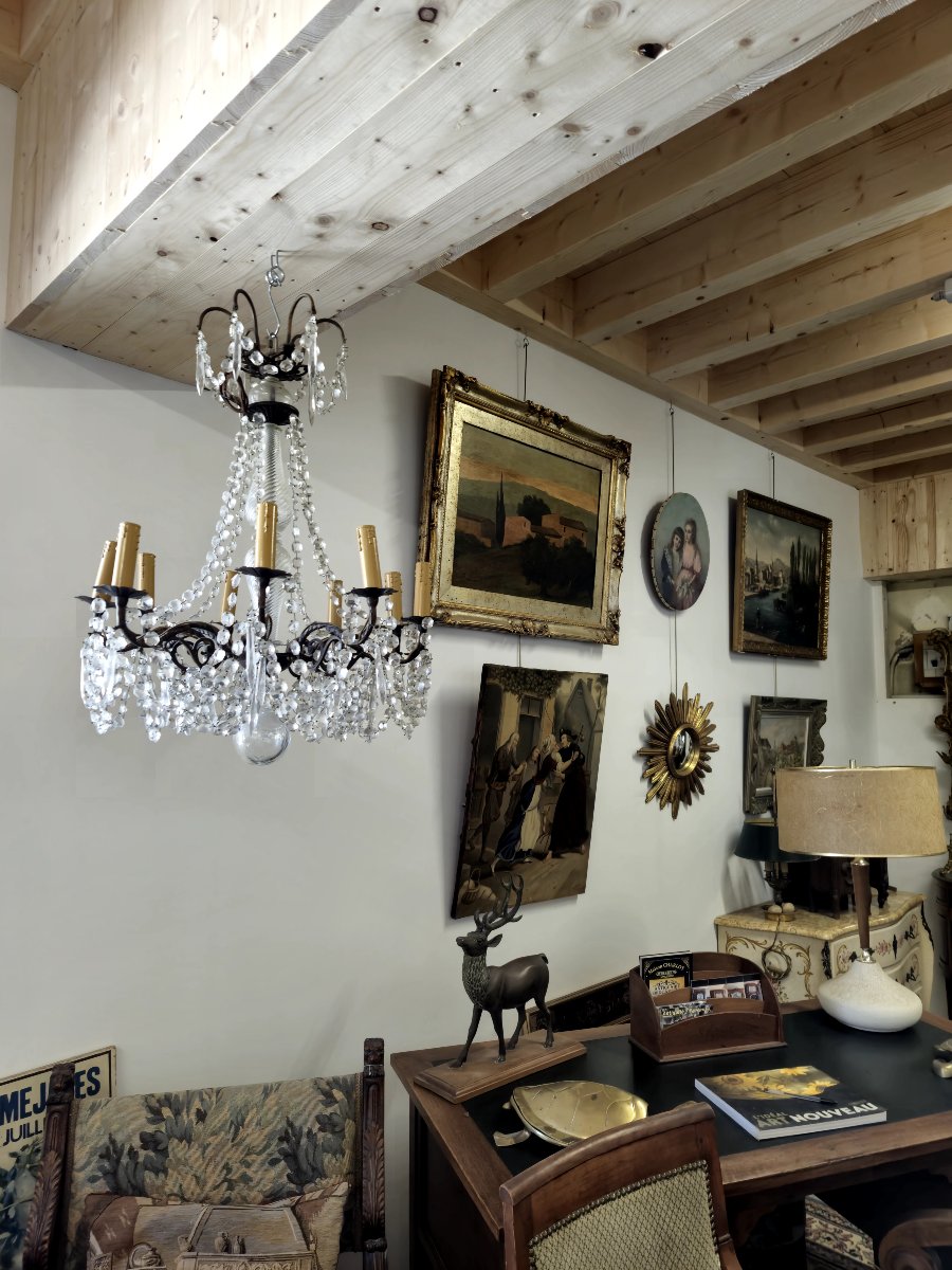 Lustre à Pampilles En Cristal Ancien 9 Lumières-photo-6