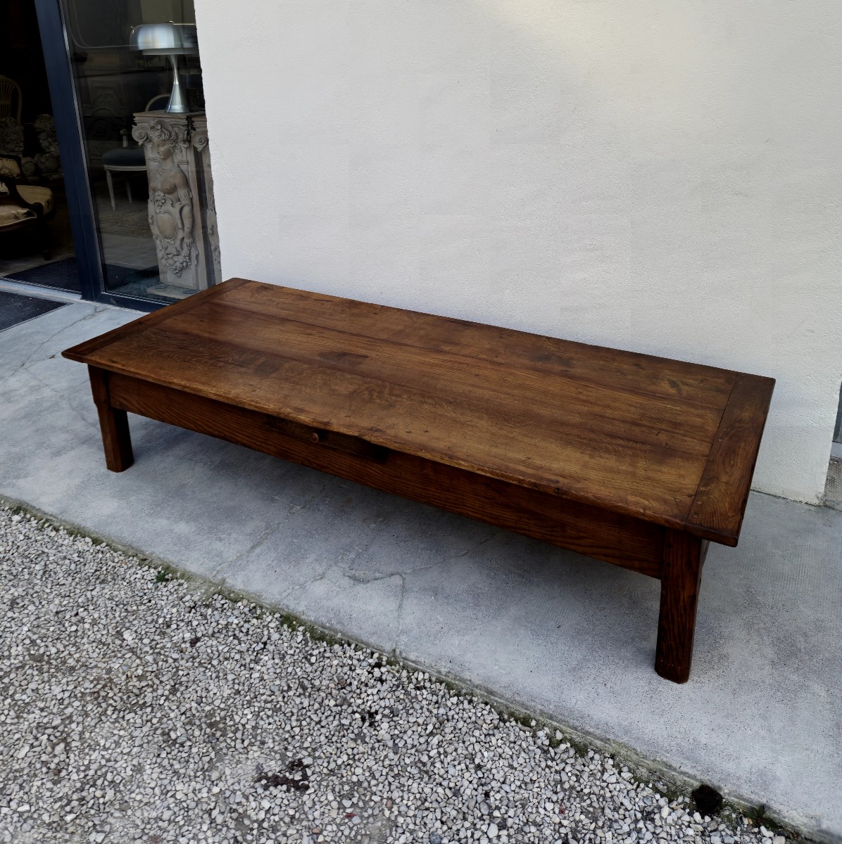 19th Century Rustic Farmhouse Coffee Table With Two Drawers In Solid Oak 