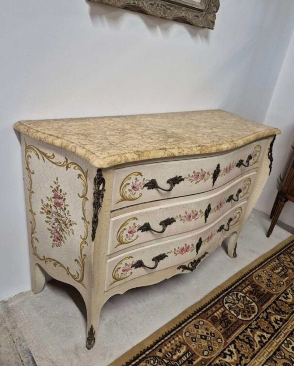 Louis XV Style Chest Of Drawers Painted With Flowers, Antique Italian Manufacture -photo-3