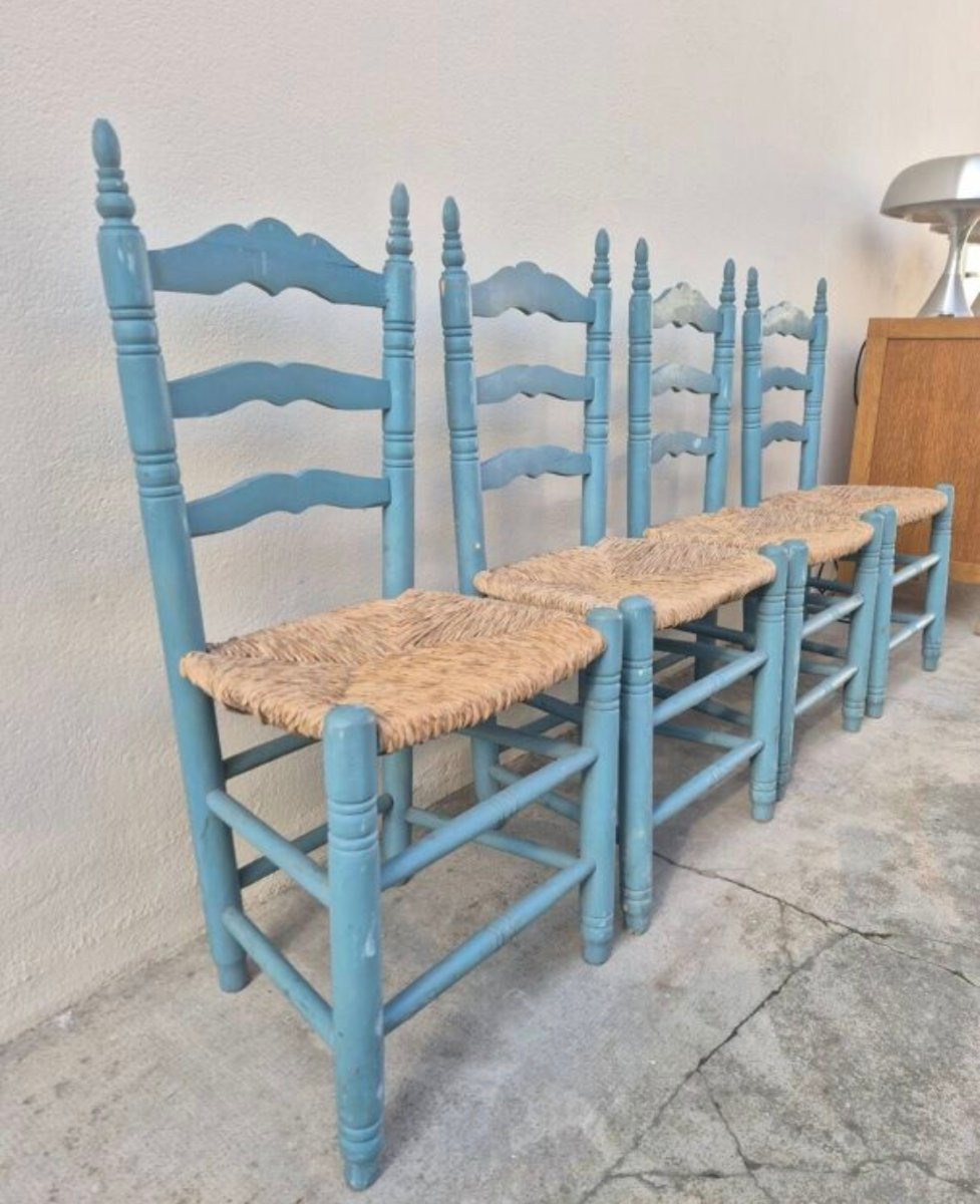 4 Chaises Paillée Ancienne De Style Provençale Peinte-photo-3