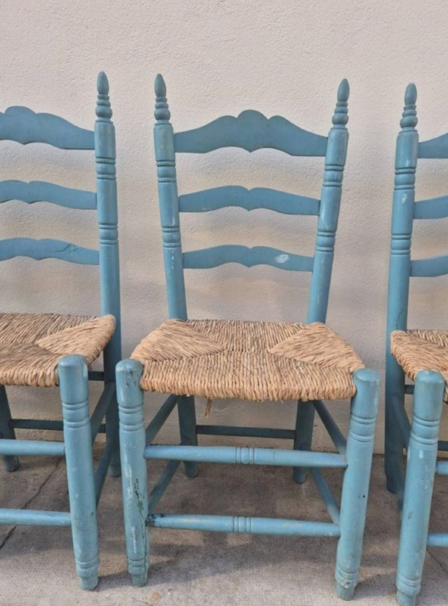 4 Chaises Paillée Ancienne De Style Provençale Peinte-photo-2