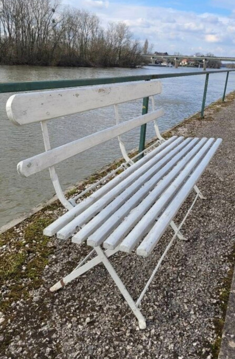 Folding Garden Bench In Iron And Antique Wood 