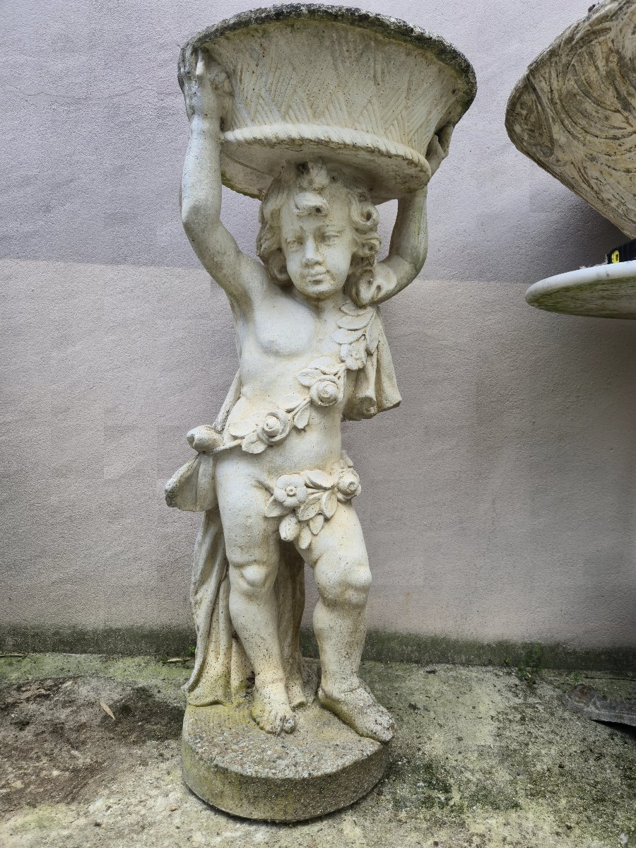 Antique Reconstituted Stone Statue Planter Representing A Cherub -photo-2