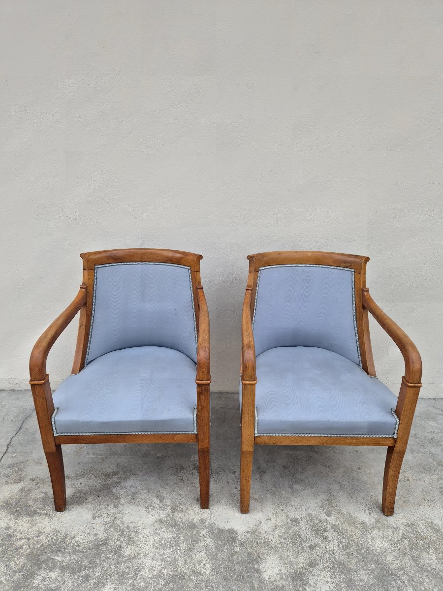 Pair Of Empire/restoration Style Armchairs In Solid Cherry Wood, 19th Century -photo-2