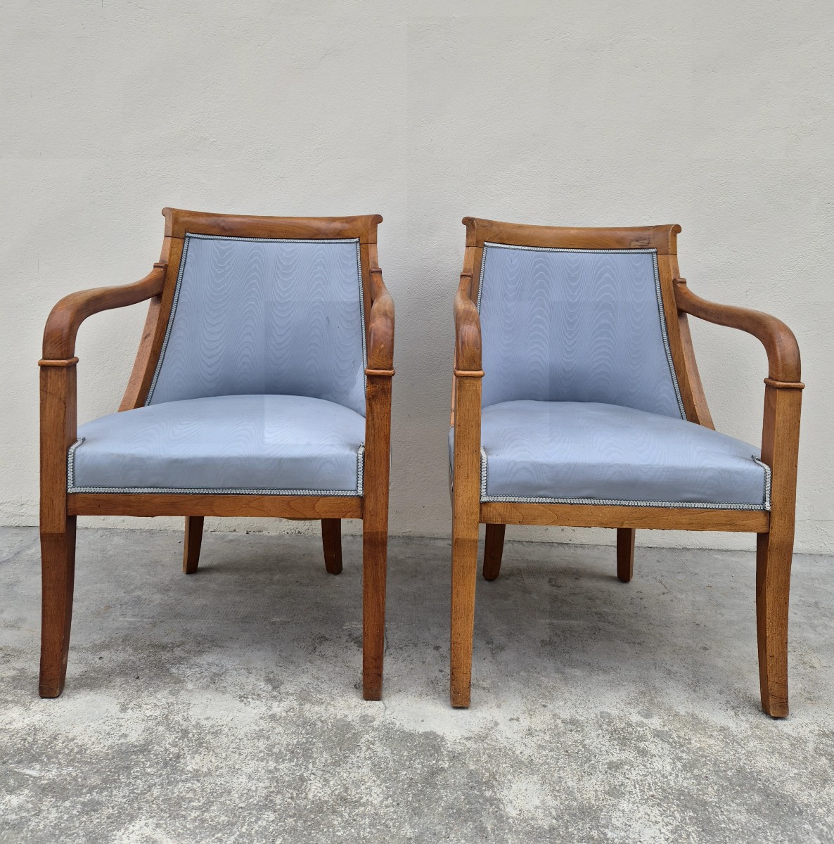 Pair Of Empire/restoration Style Armchairs In Solid Cherry Wood, 19th Century 