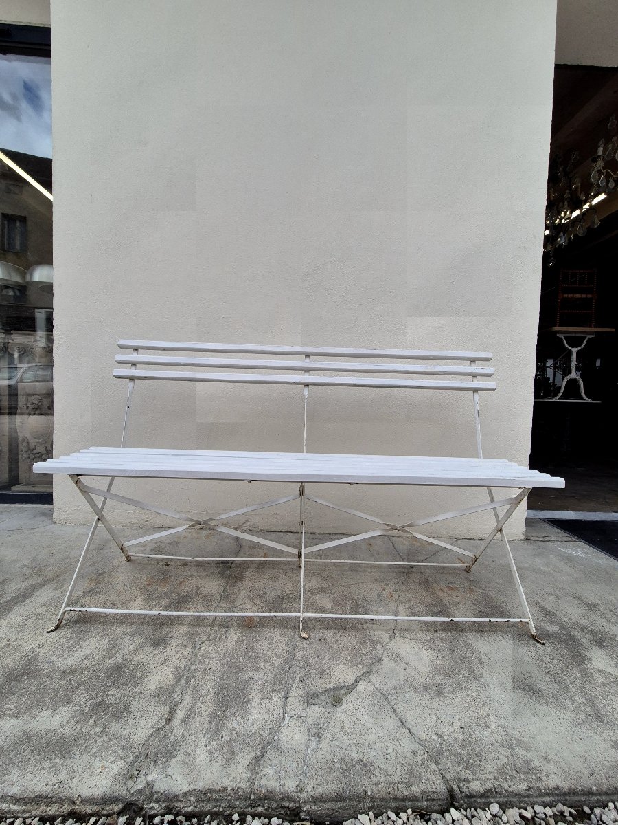 Banc pliant de jardin en fer et bois ancien -photo-4