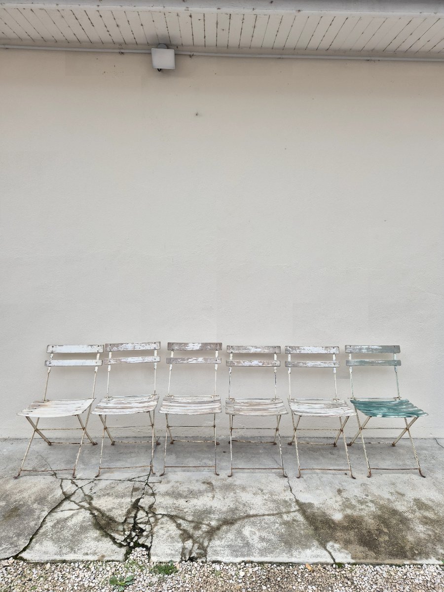 Set Of 6 Antique 1950s Bistro Guinguette Slatted Chairs -photo-3