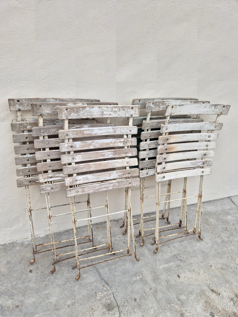 Set Of 6 Antique 1950s Bistro Guinguette Slatted Chairs -photo-4