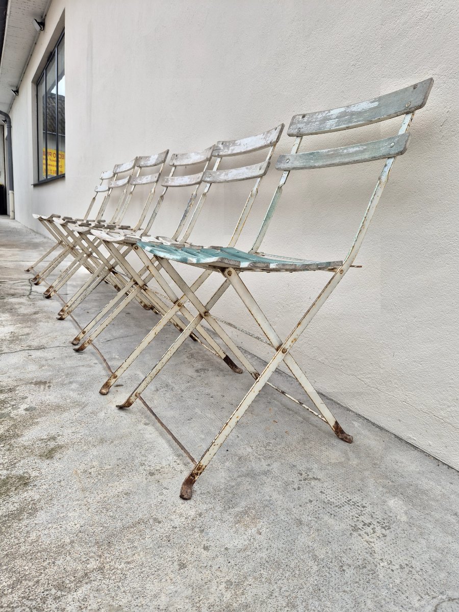 Set Of 6 Antique 1950s Bistro Guinguette Slatted Chairs -photo-2