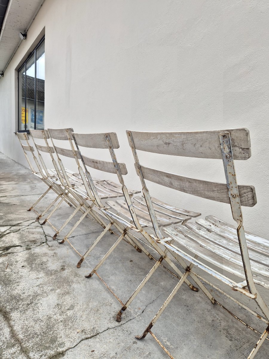 Set Of 6 Antique 1950s Bistro Guinguette Slatted Chairs -photo-3
