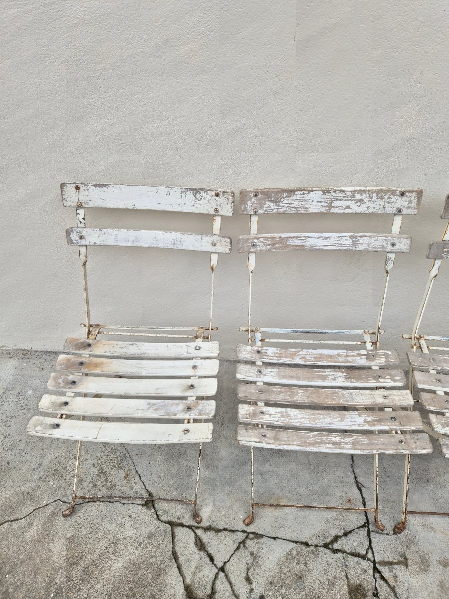 Set Of 6 Antique 1950s Bistro Guinguette Slatted Chairs -photo-5