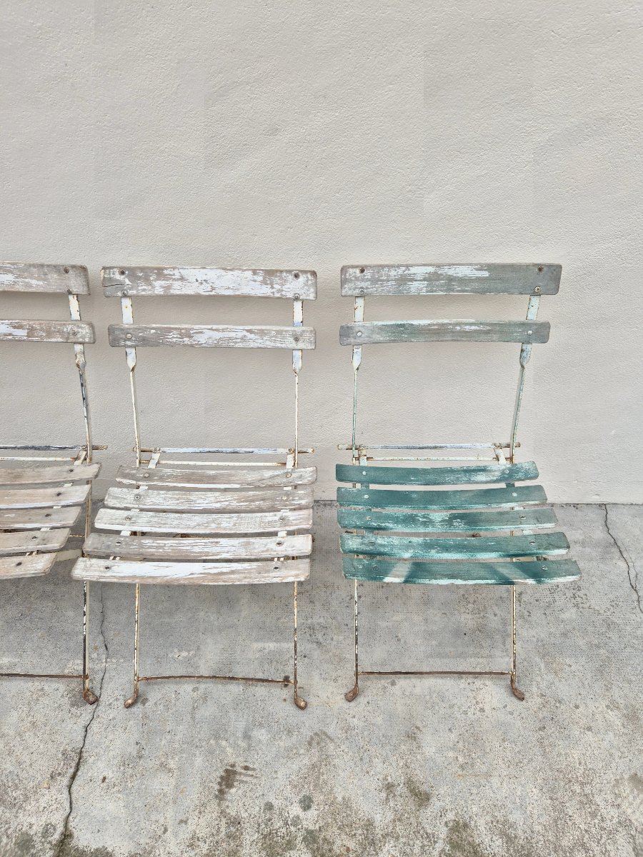 Set Of 6 Antique 1950s Bistro Guinguette Slatted Chairs -photo-6