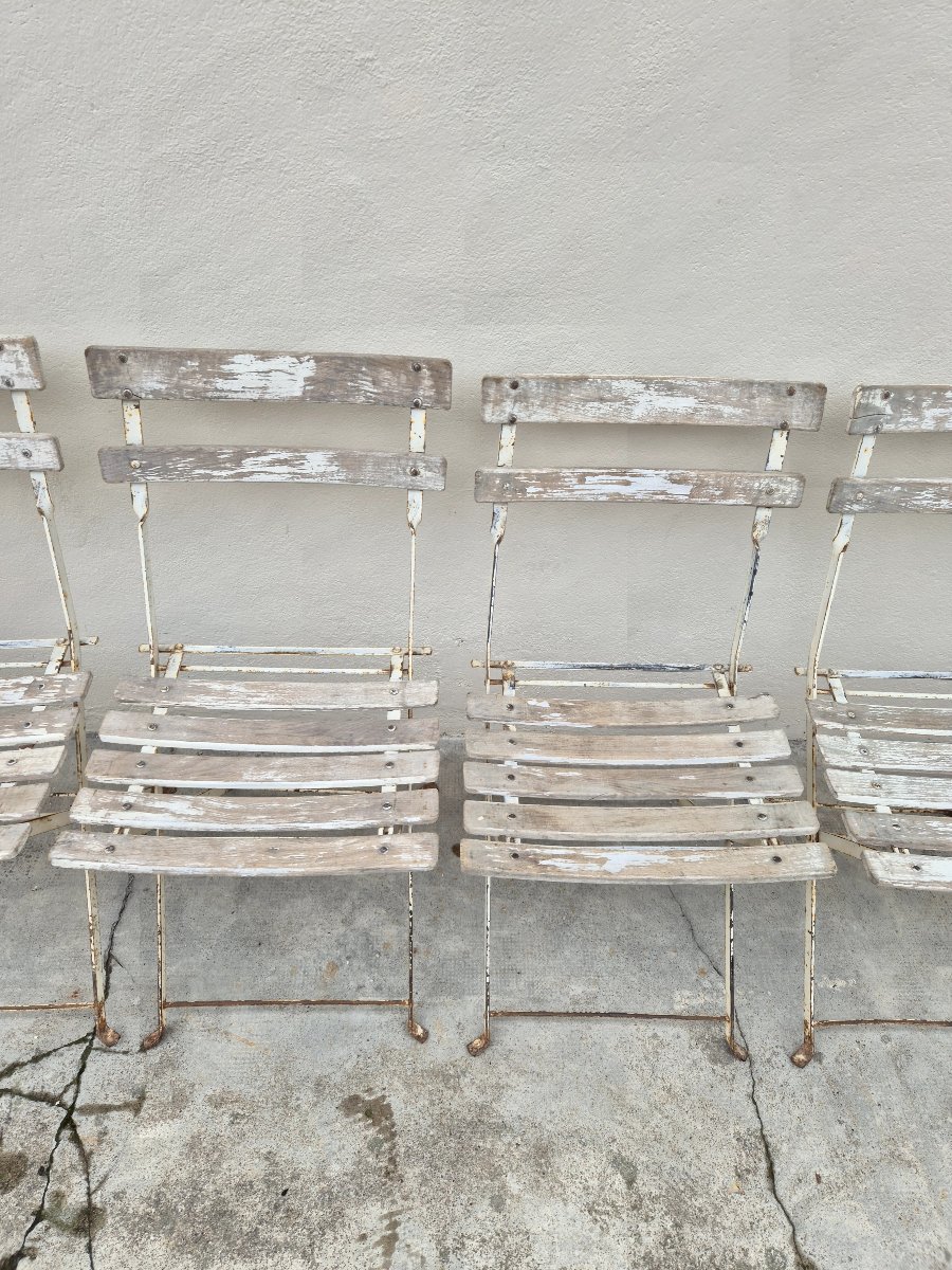 Set Of 6 Antique 1950s Bistro Guinguette Slatted Chairs -photo-7