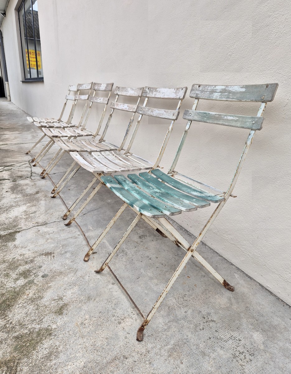 Set Of 6 Antique 1950s Bistro Guinguette Slatted Chairs 