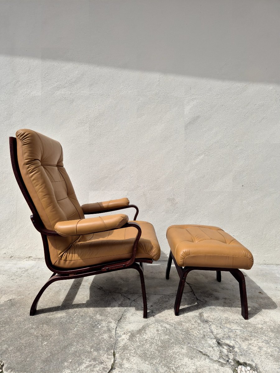 Relaxing Armchair With Ottoman, Scandinavian Style, 1980s-photo-2
