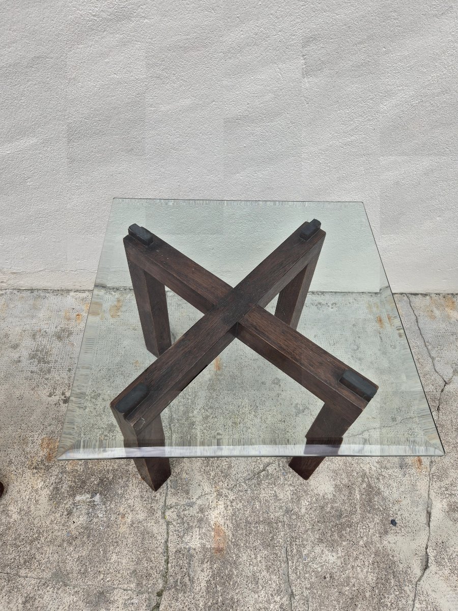 Table basse vintage en verre et bois minimaliste 1970s-photo-5