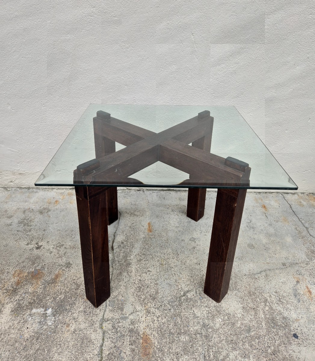 Table basse vintage en verre et bois minimaliste 1970s