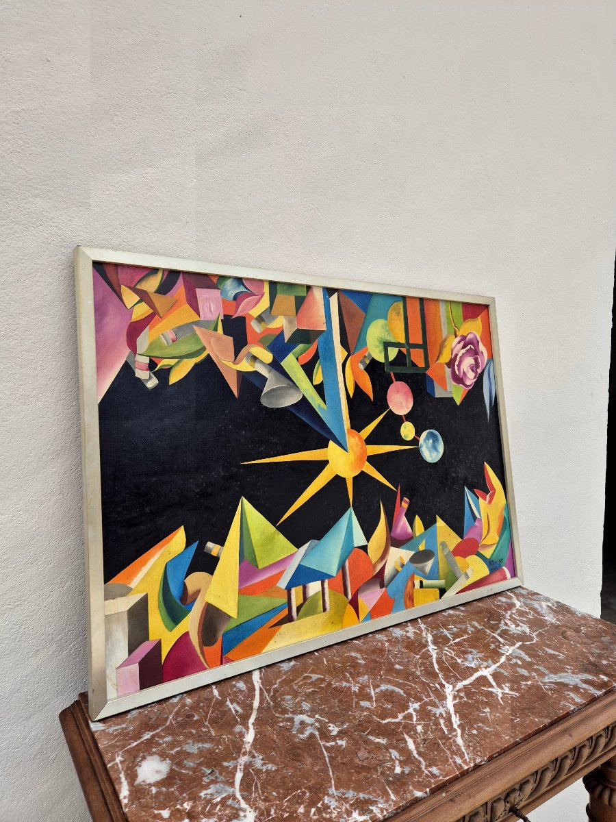 Tableau Peinture Cubiste Cubisme coloré signé R.Girard 1982-photo-2
