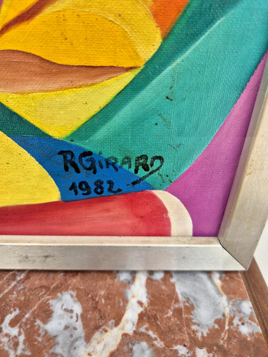 Tableau Peinture Cubiste Cubisme coloré signé R.Girard 1982-photo-3