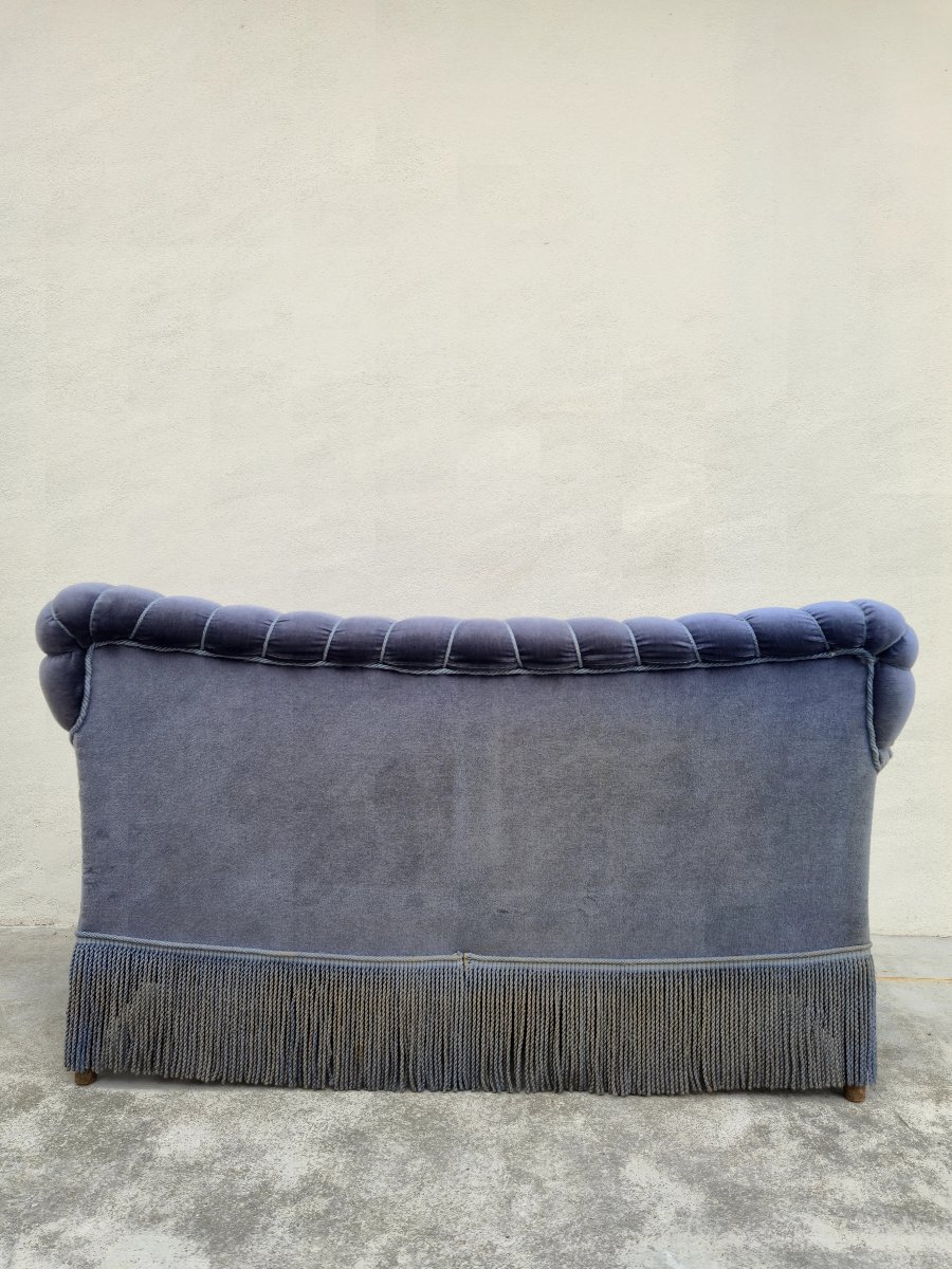 Canapé Crapaud en velours bleu d'époque napoléon III 19éme -photo-1