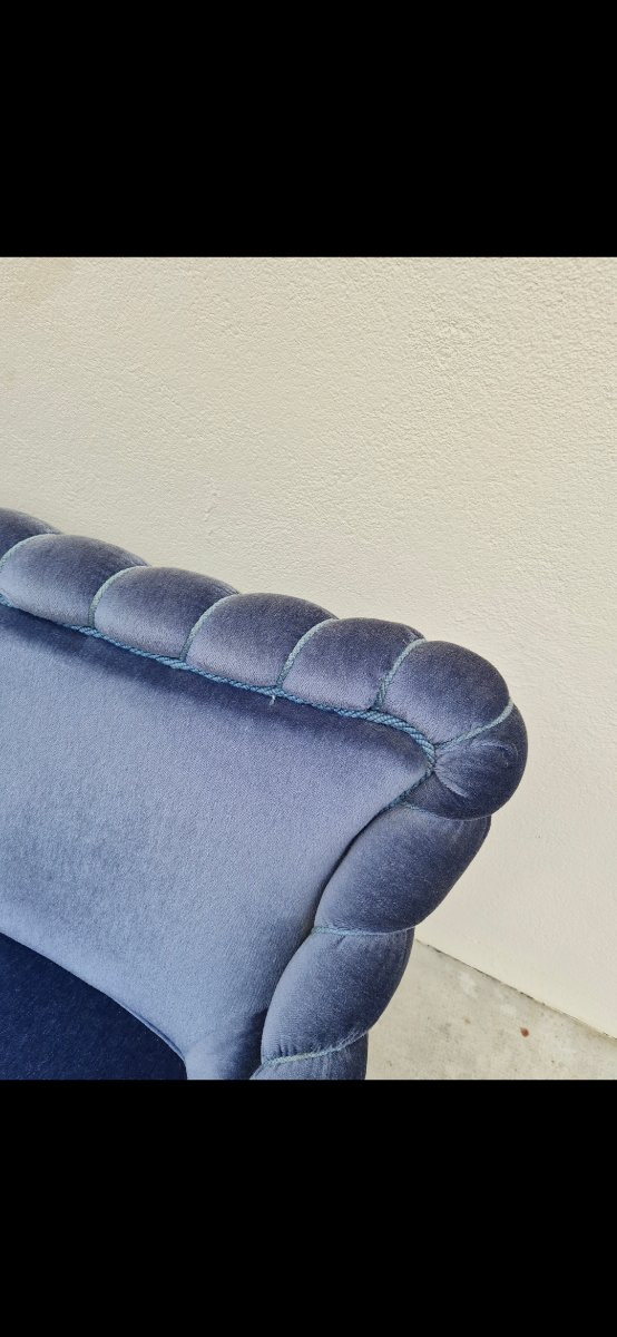 Canapé Crapaud en velours bleu d'époque napoléon III 19éme -photo-4