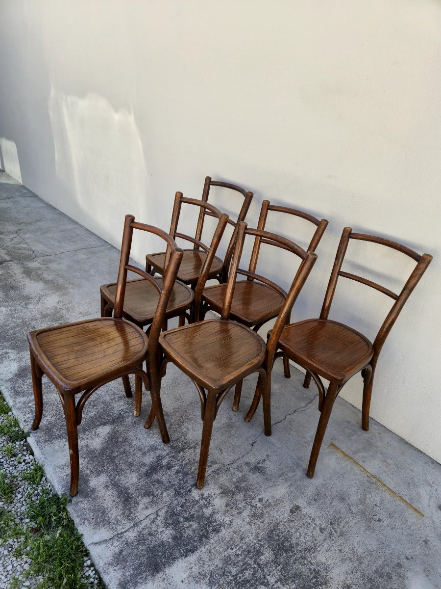 Set Of 6 Baumann Bistro Chairs, Signed, In Curved Wood, 1930s Period-photo-2