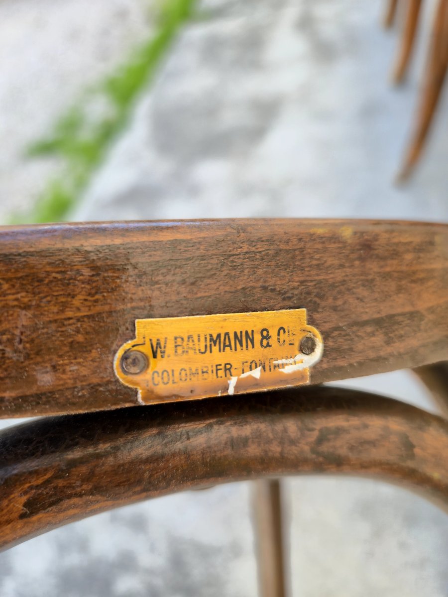Set Of 6 Baumann Bistro Chairs, Signed, In Curved Wood, 1930s Period-photo-3
