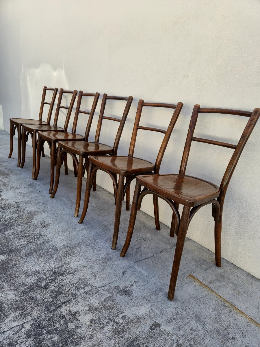 Set Of 6 Baumann Bistro Chairs, Signed, In Curved Wood, 1930s Period-photo-4