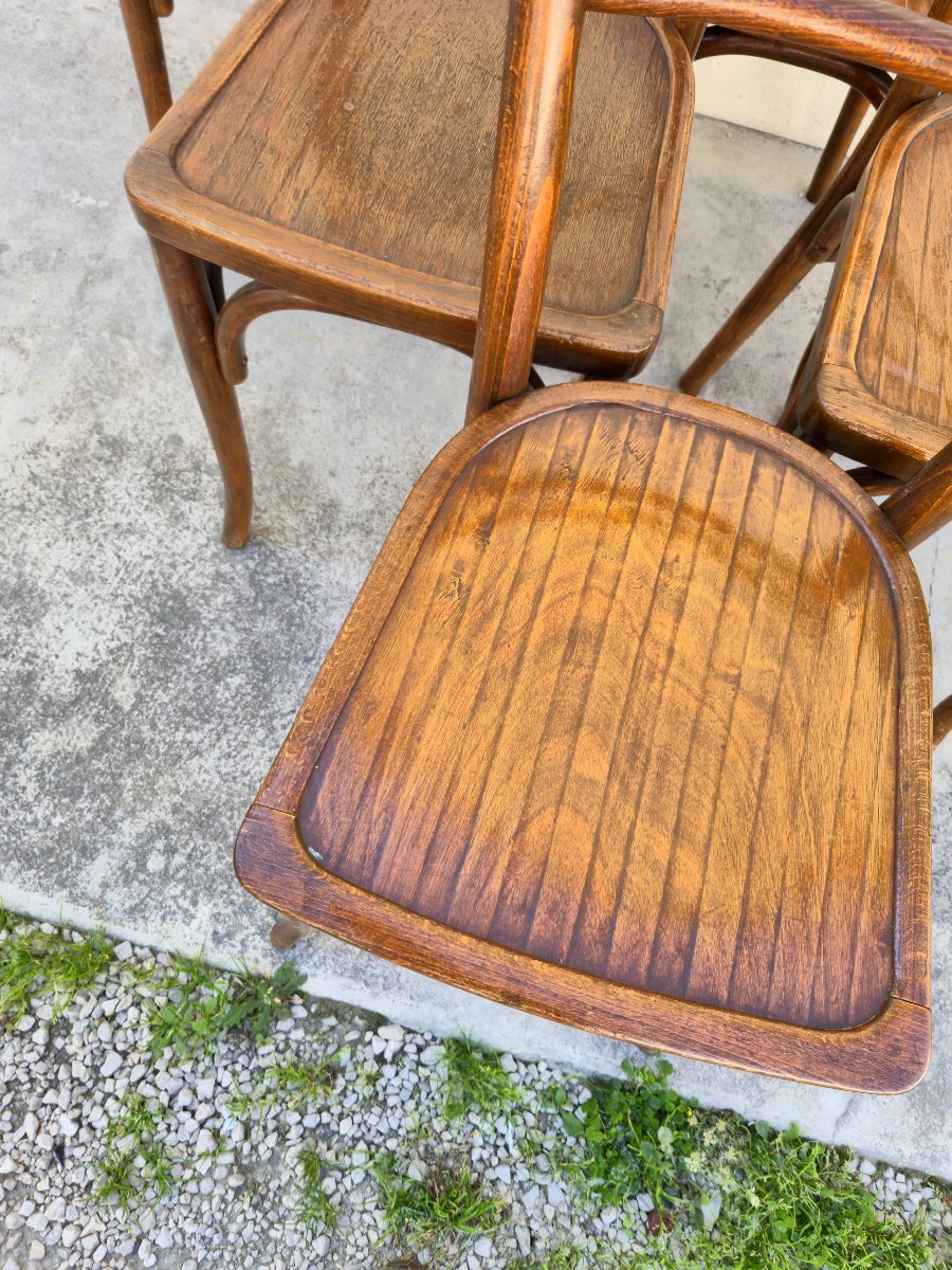 Set Of 6 Baumann Bistro Chairs, Signed, In Curved Wood, 1930s Period-photo-1