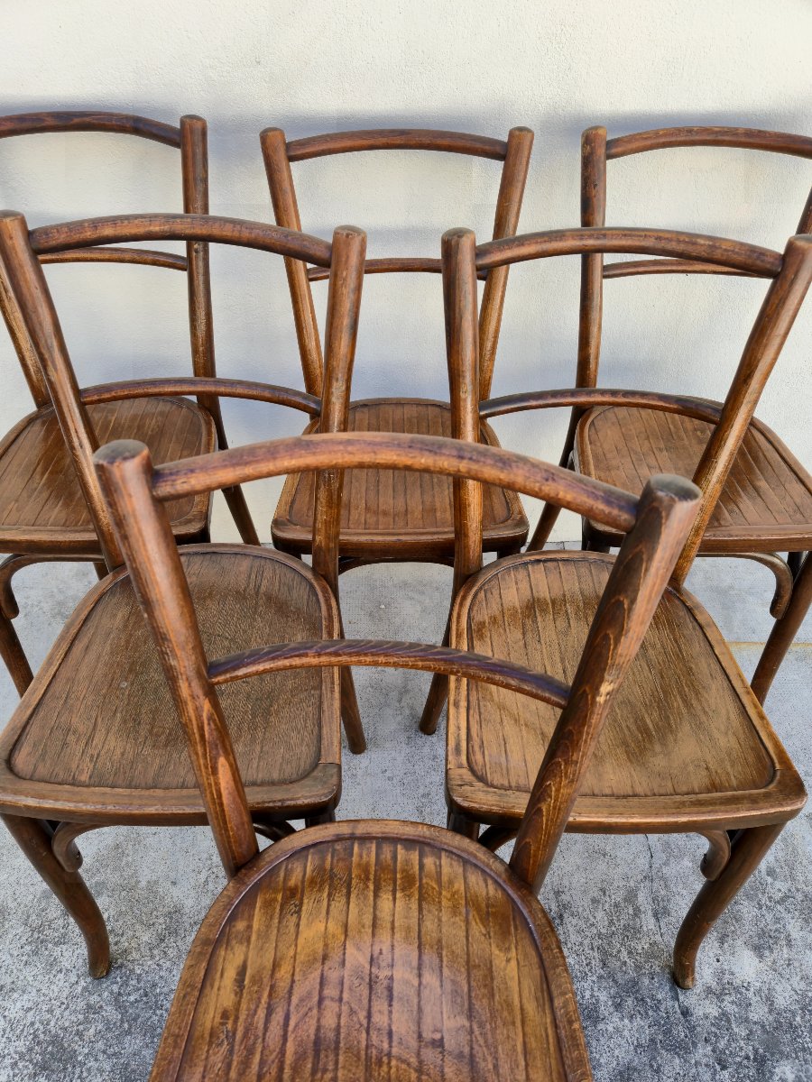 Set Of 6 Baumann Bistro Chairs, Signed, In Curved Wood, 1930s Period-photo-2