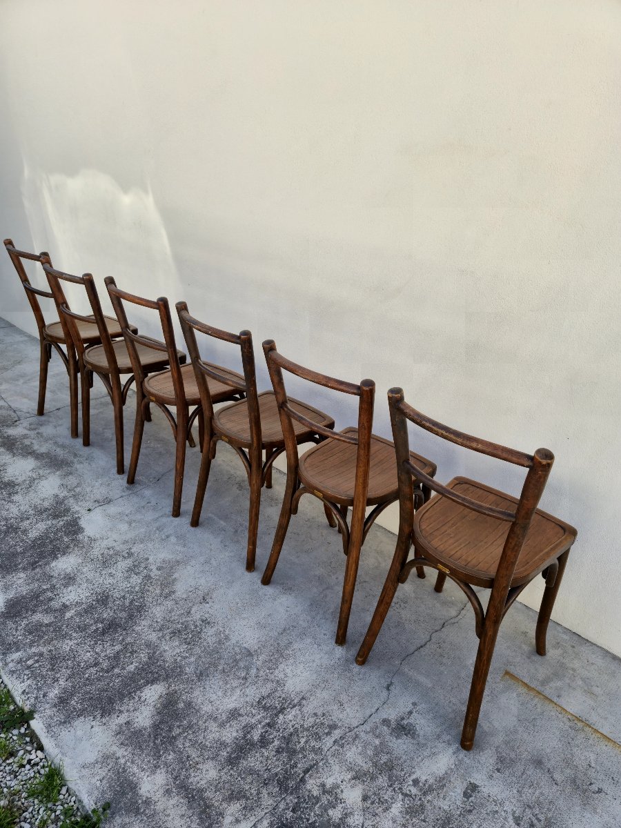 Set Of 6 Baumann Bistro Chairs, Signed, In Curved Wood, 1930s Period-photo-7