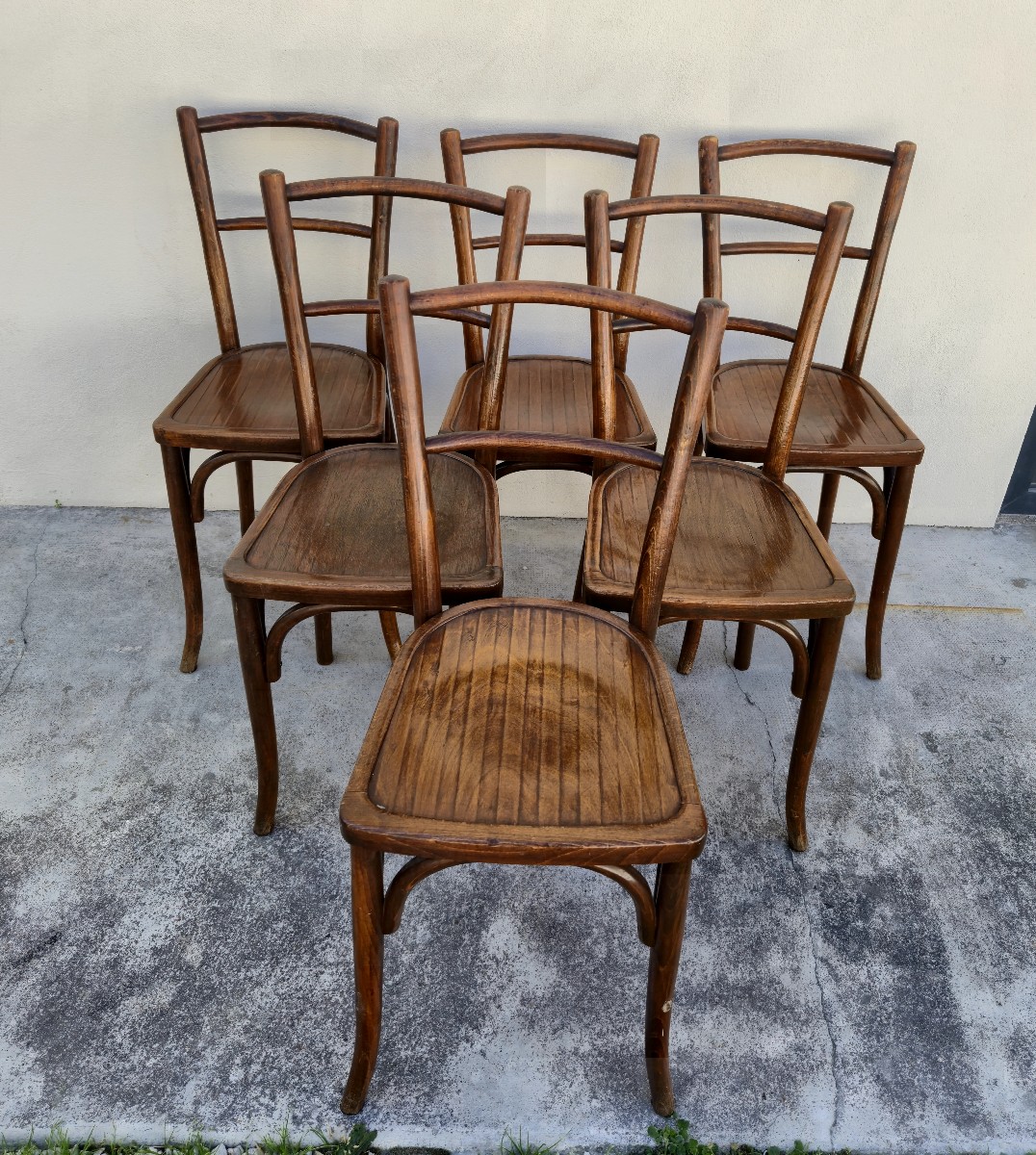 Set Of 6 Baumann Bistro Chairs, Signed, In Curved Wood, 1930s Period