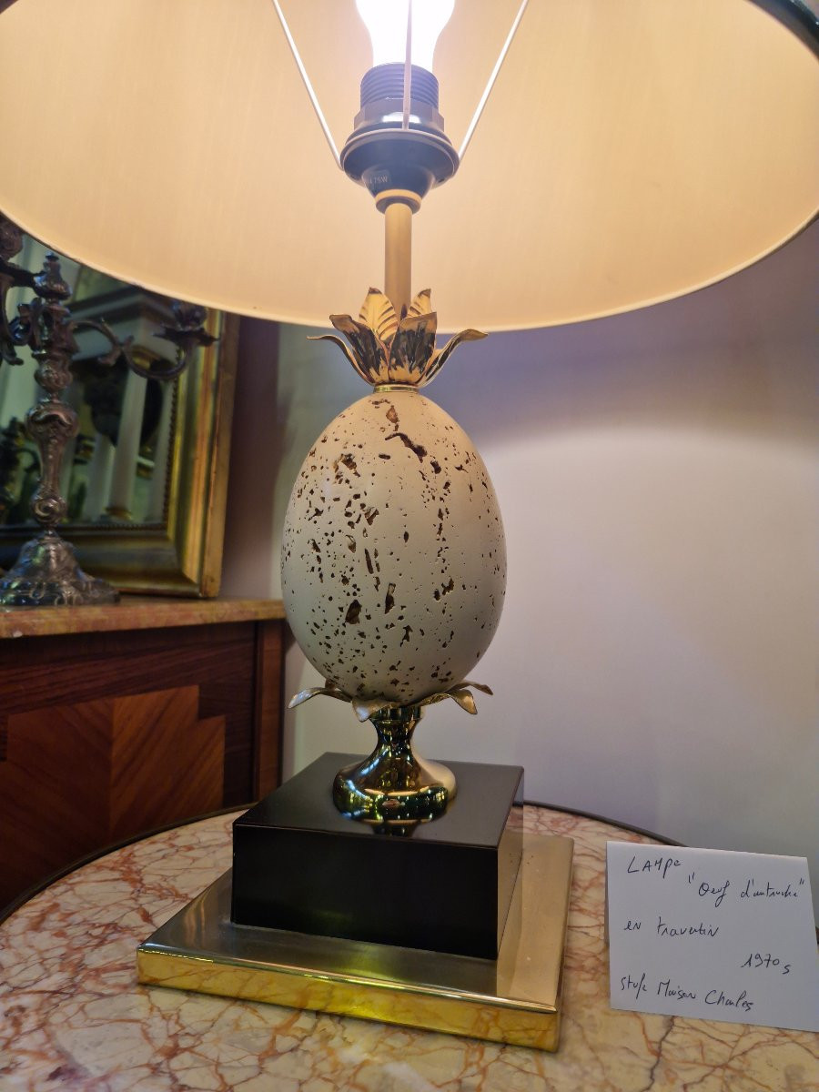 Vintage 1970s Travertine "ostrich Egg" Lamp In Maison Charles Style-photo-4