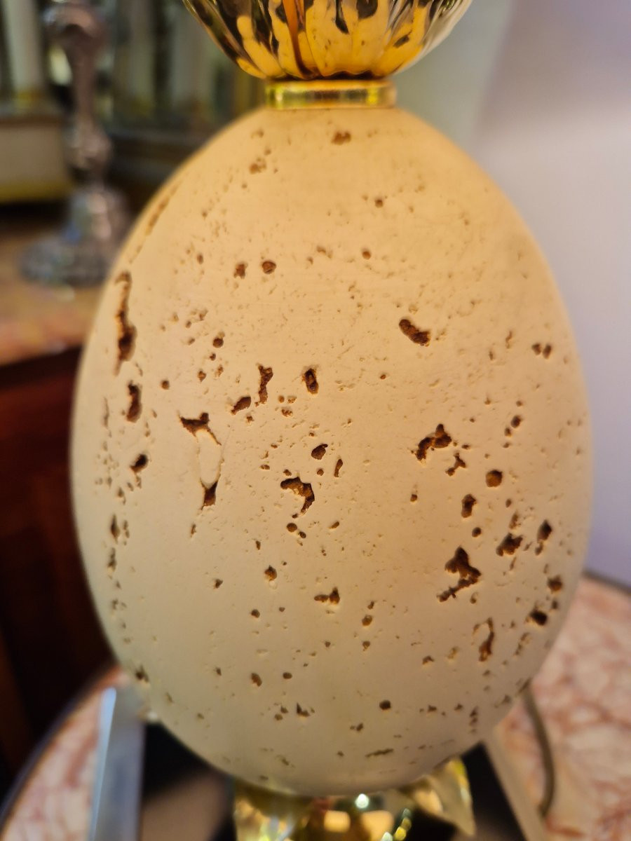 Vintage 1970s Travertine "ostrich Egg" Lamp In Maison Charles Style-photo-5