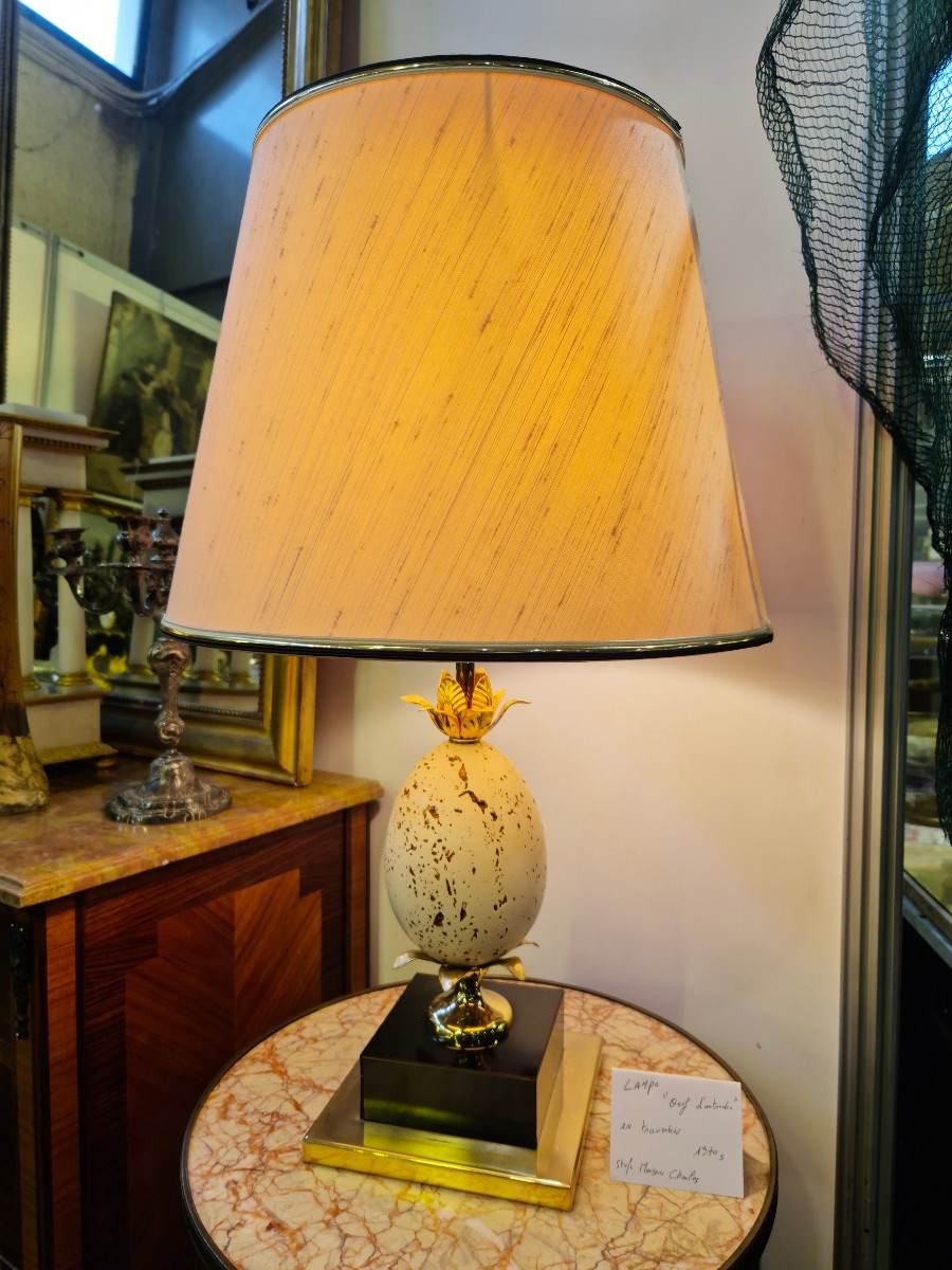 Vintage 1970s Travertine "ostrich Egg" Lamp In Maison Charles Style
