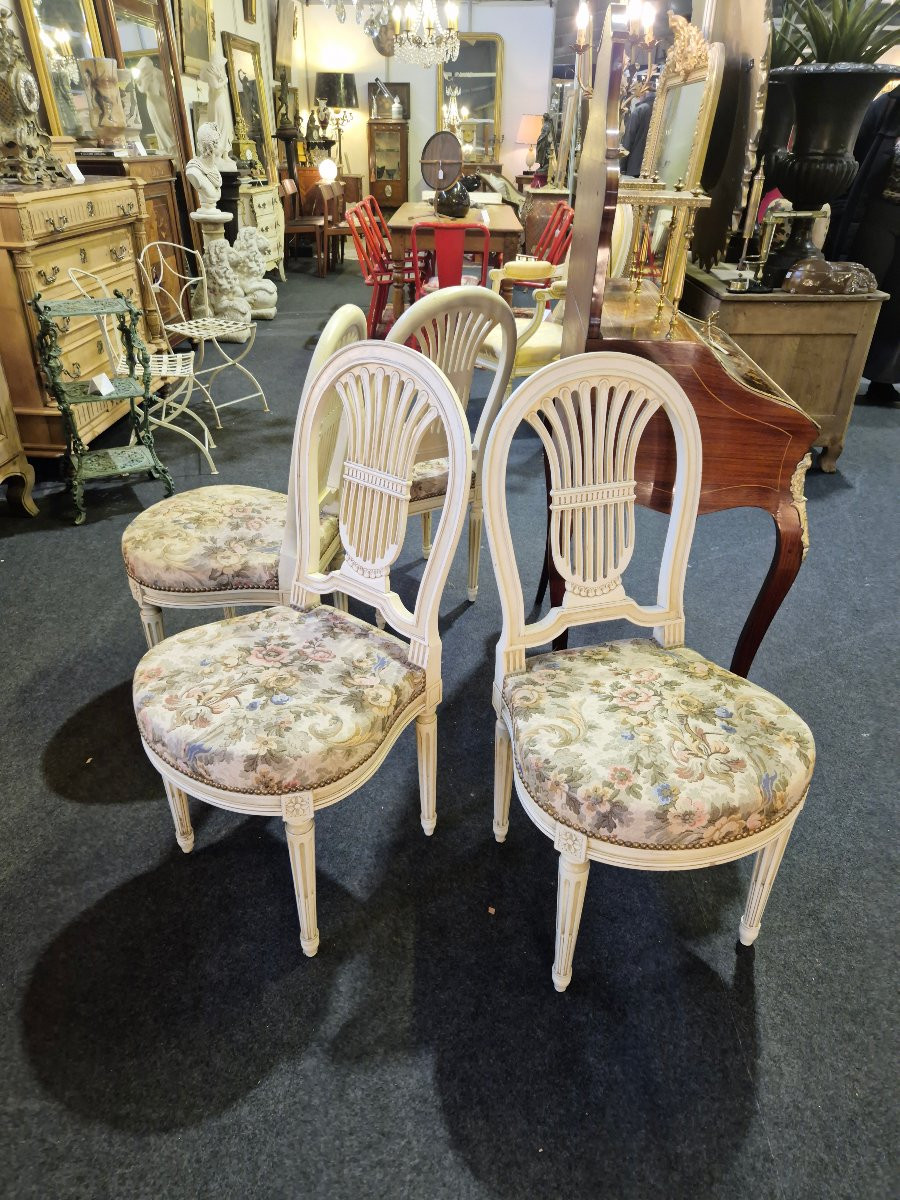 Set Of 4 Louis XVI Style Chairs With Lyre Decoration -photo-2