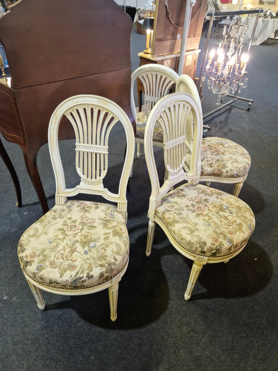 Set Of 4 Louis XVI Style Chairs With Lyre Decoration 