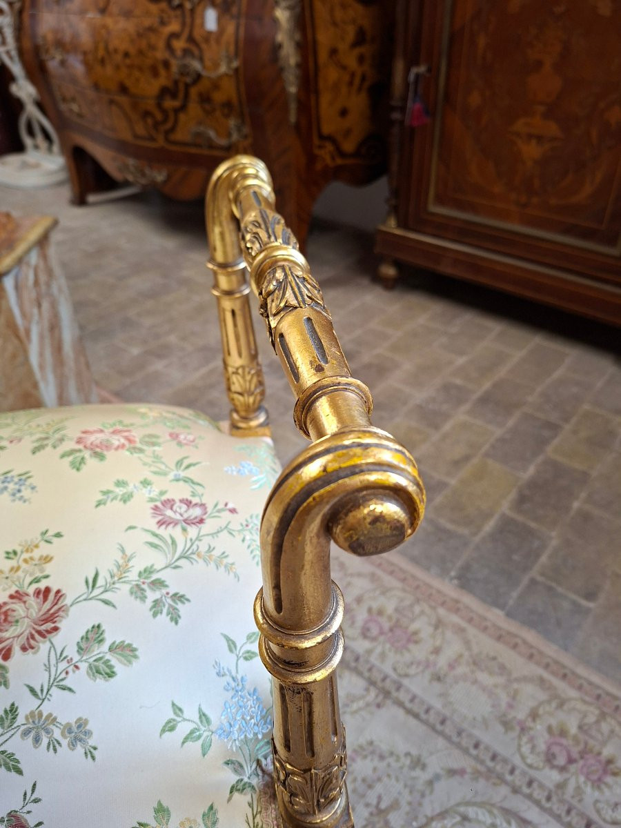 Banquette en bois doré style Louis XVI richement décorée d'époque napoléon III -photo-3