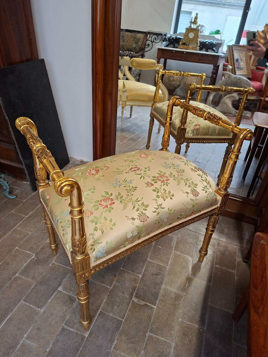 Banquette en bois doré style Louis XVI richement décorée d'époque napoléon III -photo-1