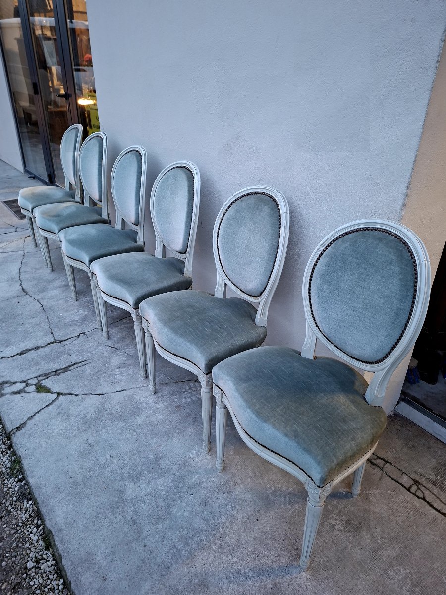 Serie de 6 chaises Médaillon style Louis XVI patiné ancienne -photo-2
