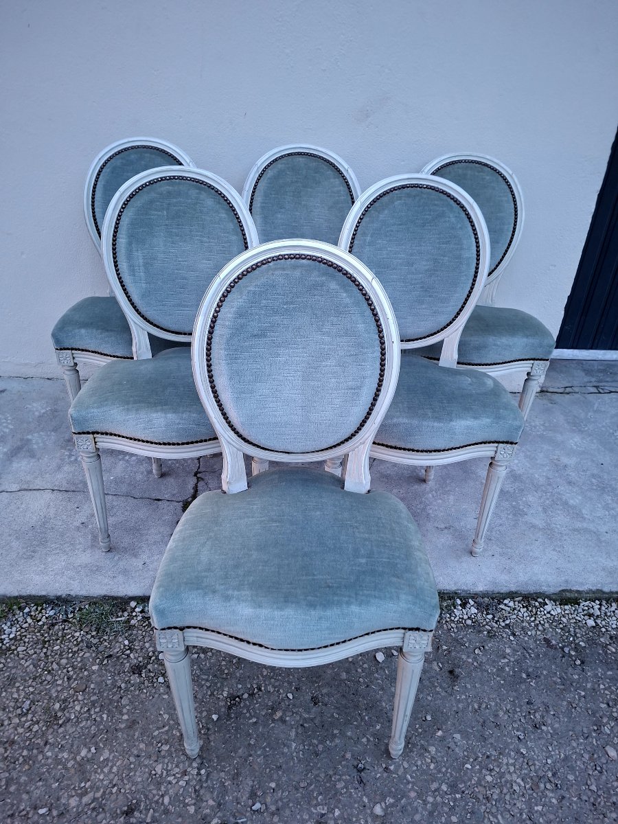 Serie de 6 chaises Médaillon style Louis XVI patiné ancienne -photo-3
